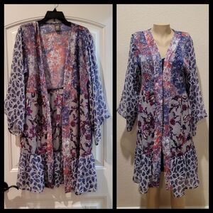 Vince Camuto Blue and Purple Floral Open Front Duster OS